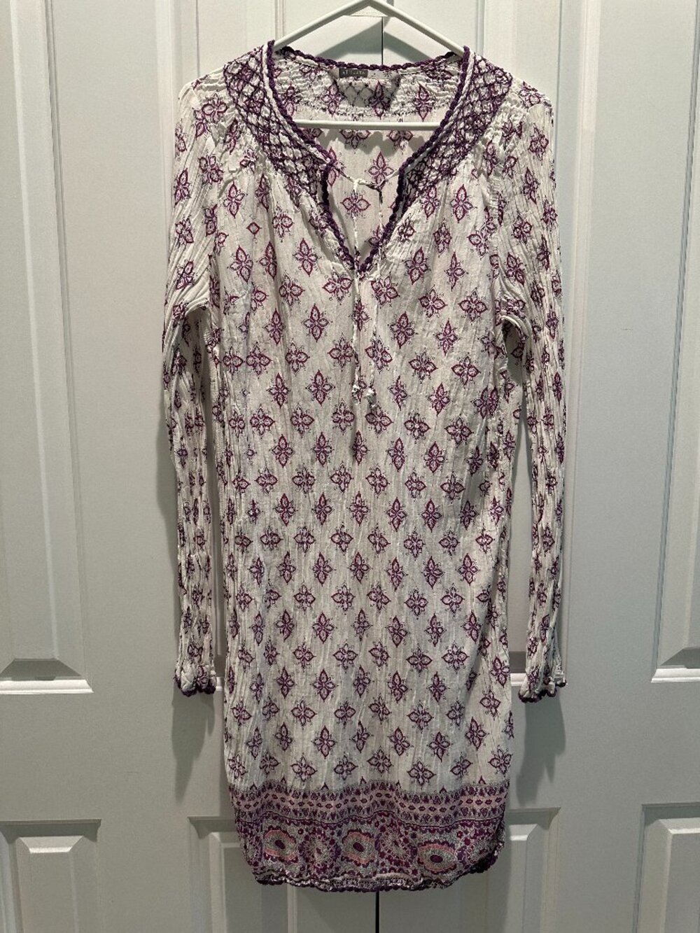 Athleta Cotton Gauze Boho Embroidered Tunic Dress White Purple Long Sleeve M